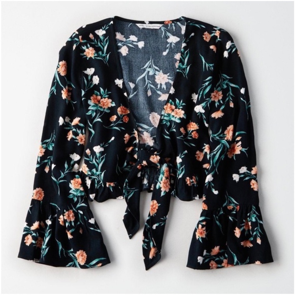 Women’s American Eagle Tie Front Floral Cropped Ruffle Bell Sleeve Blouse